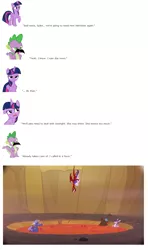 Size: 840x1420 | Tagged: safe, derpibooru import, edit, screencap, garble, spike, starlight glimmer, twilight sparkle, celestial advice, abuse, comic, glimmerbuse, go to gulag op, go to sleep chrysalis, image, lava, png, shitposting