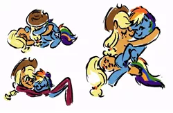 Size: 1000x651 | Tagged: safe, artist:laya-21, derpibooru import, applejack, rainbow dash, earth pony, pegasus, appledash, clothes, female, image, jpeg, lesbian, scarf, shared clothing, shared scarf, shipping, simple background, white background