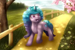 Size: 1900x1280 | Tagged: safe, artist:ray-frost, derpibooru import, izzy moonbow, pony, unicorn, cloud, female, fence, flower, g5, grass, image, open mouth, png, scenery, sky, solo, tree