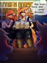 Size: 2652x3568 | Tagged: suggestive, artist:miink3, derpibooru import, oc, oc:tipsy sip, oc:turvy tip, unofficial characters only, anthro, unicorn, art pack:thiccer than a sniccer, alcohol, bar, bedroom eyes, beer, big breasts, blushing, bottle, breast rest, breasts, clothes, dialogue, digital art, drool, drool string, eyes closed, female, horn, image, male, mug, open mouth, png, speech bubble, tail, thighs, tongue out, unamused