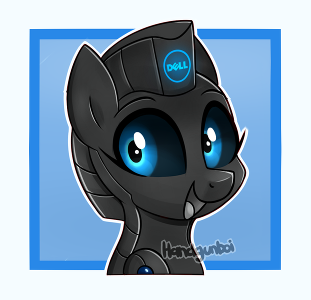 Size: 1082x1044 | Tagged: safe, artist:handgunboi, derpibooru import, oc, oc:gigi, unofficial characters only, pony, robot, robot pony, black sclera, dell, female, image, mare, png, simple background, solo