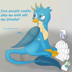 Size: 2449x2449 | Tagged: safe, artist:shinxx24, derpibooru import, gallus, gryphon, blushing, breaking the fourth wall, gallus gets all the creatures, gallus gets all the mares, image, implied shipping, male, png, sitting, solo, student six omniship