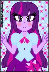 Size: 480x706 | Tagged: safe, artist:amyrosexshadowlover, derpibooru import, twilight sparkle, equestria girls, abstract background, blushing, clothes, cutie mark, cutie mark on clothes, eye clipping through hair, eyelashes, female, image, jpeg, skirt, smiling, solo