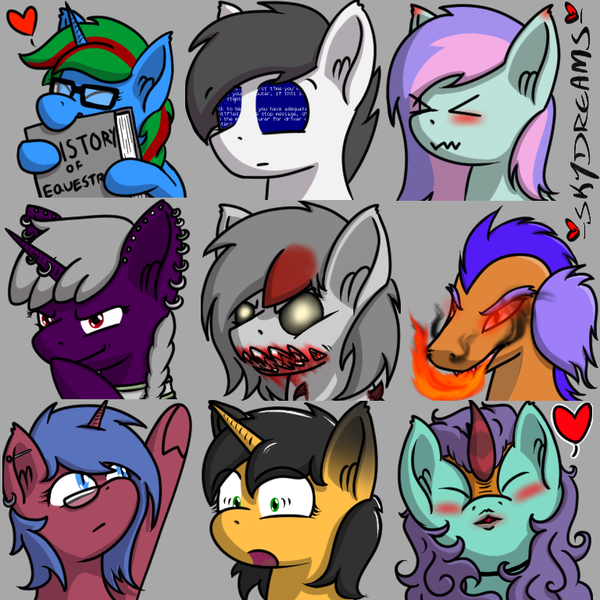 Size: 768x768 | Tagged: safe, artist:skydreams, derpibooru import, oc, oc:blissy, oc:dioxin, oc:domino, oc:lady foxtrot, oc:move, oc:scaramouche, oc:searing cold, oc:sparky showers, oc:wander bliss, alicorn, bat pony, bat pony alicorn, changeling, dragon, earth pony, kirin, pegasus, pony, unicorn, bat wings, bloody mouth, blue screen of death, blushing, body horror, book, breathing fire, disguise, disguised changeling, dyed mane, ear blush, ear piercing, emoji, emotes, evil grin, eyes closed, fire, glasses, glowing eyes, grin, heart, horn, horn piercing, image, industrial piercing, jewelry, kissing, nerd, nom, patreon, patreon reward, piercing, png, pointing, scrunchy face, shocked, shocked expression, smiling, smirk, wings, yellow eyes