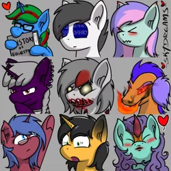 Size: 768x768 | Tagged: safe, artist:skydreams, derpibooru import, oc, oc:blissy, oc:dioxin, oc:domino, oc:lady foxtrot, oc:move, oc:scaramouche, oc:searing cold, oc:sparky showers, oc:wander bliss, alicorn, bat pony, bat pony alicorn, changeling, dragon, earth pony, kirin, pegasus, pony, unicorn, bat wings, bloody mouth, blue screen of death, blushing, body horror, book, breathing fire, disguise, disguised changeling, dyed mane, ear blush, ear piercing, emoji, emotes, evil grin, eyes closed, fire, glasses, glowing eyes, grin, heart, horn, horn piercing, image, industrial piercing, jewelry, kissing, nerd, nom, patreon, patreon reward, piercing, png, pointing, scrunchy face, shocked, shocked expression, smiling, smirk, wings, yellow eyes