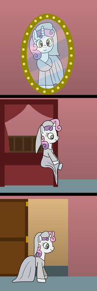 Size: 800x2400 | Tagged: safe, artist:platinumdrop, derpibooru import, sweetie belle, pony, unicorn, bed, cinderella, clothes, comic, door, dress, female, filly, glass slippers, gown, image, marriage, mirror, png, request, solo, wedding, wedding dress