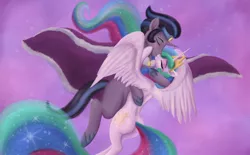 Size: 1600x995 | Tagged: safe, artist:greenbrothersart, derpibooru import, idw, king sombra, princess celestia, alicorn, pony, unicorn, butt, cape, celestibra, clothes, duo, eyes closed, female, good king sombra, hug, image, jpeg, kissing, male, shipping, sparkly mane, sparkly tail, spread wings, straight, sunbutt, wings