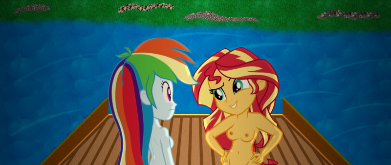 Size: 5120x2160 | Tagged: questionable, artist:laszlvfx, derpibooru import, edit, editor:ah96, rainbow dash, sunset shimmer, equestria girls, belly button, breasts, busty sunset shimmer, complete nudity, female, females only, hands on hip, image, lesbian, nipples, nude edit, nudity, pier, png, practitioner of naturism, sexy, sideboob, wallpaper, wallpaper edit, wallpaper for the fearless, water