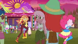 Size: 1334x750 | Tagged: safe, derpibooru import, screencap, bulk biceps, curly winds, ginger owlseye, laurel jade, peppermint azure, pinkie pie, raspberry lilac, sandy cerise, snails, snips, snow flower, some blue guy, sunset shimmer, track starr, human, equestria girls, equestria girls series, sunset's backstage pass!, spoiler:eqg series (season 2), crying, eyes closed, female, image, male, open mouth, png, running, sad, sleeveless