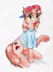 Size: 2714x3701 | Tagged: safe, artist:40kponyguy, derpibooru import, oc, oc:nintendy, unofficial characters only, pony, unicorn, derpibooru community collaboration, baseball cap, cap, clothes, derpibooru exclusive, ear fluff, female, hat, image, jpeg, looking at you, mare, pokéball, pokémon, raised hoof, shirt, simple background, solo, t-shirt, traditional art, underhoof