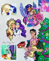 Size: 1783x2243 | Tagged: safe, artist:valeriamagicart, derpibooru import, applejack, fluttershy, pinkie pie, rarity, twilight sparkle, twilight sparkle (alicorn), alicorn, draconequus, earth pony, human, pegasus, unicorn, best gift ever, eyes closed, hug, humanized, image, jpeg, screencap reference, traditional art, winged humanization, wings