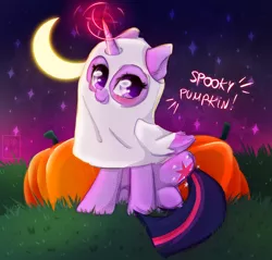 Size: 1006x960 | Tagged: source needed, useless source url, safe, artist:kebchach, derpibooru import, twilight sparkle, twilight sparkle (alicorn), alicorn, pony, clothes, costume, cute, halloween, halloween costume, holiday, image, magic, night, png, pumpkin, solo