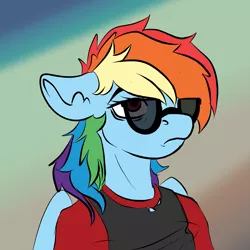 Size: 1563x1563 | Tagged: safe, artist:brainiac, derpibooru import, rainbow dash, anthro, pegasus, pony, clothes, derpibooru exclusive, female, floppy ears, frown, glasses, image, mare, png, shirt, solo