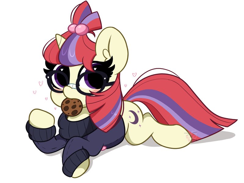 Size: 4096x3072 | Tagged: safe, artist:kittyrosie, derpibooru import, moondancer, pony, unicorn, blushing, clothes, cookie, cute, dancerbetes, female, food, glasses, image, jpeg, looking at you, mare, mouth hold, simple background, sweater, white background