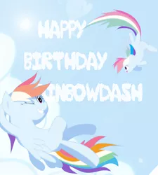 Size: 2700x3000 | Tagged: safe, artist:j5ajj, derpibooru import, rainbow dash, pegasus, pony, cloud, flying, happy birthday, image, jpeg, multeity, on a cloud, one eye closed, rainbow dash day, rainbow dash's birthday, solo