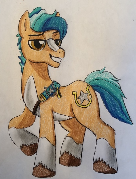 Size: 2200x2896 | Tagged: safe, artist:bozzerkazooers, derpibooru import, hitch trailblazer, earth pony, pony, g5, grin, high res, image, jpeg, male, raised hoof, smiling, solo, stallion, teeth, traditional art, unshorn fetlocks