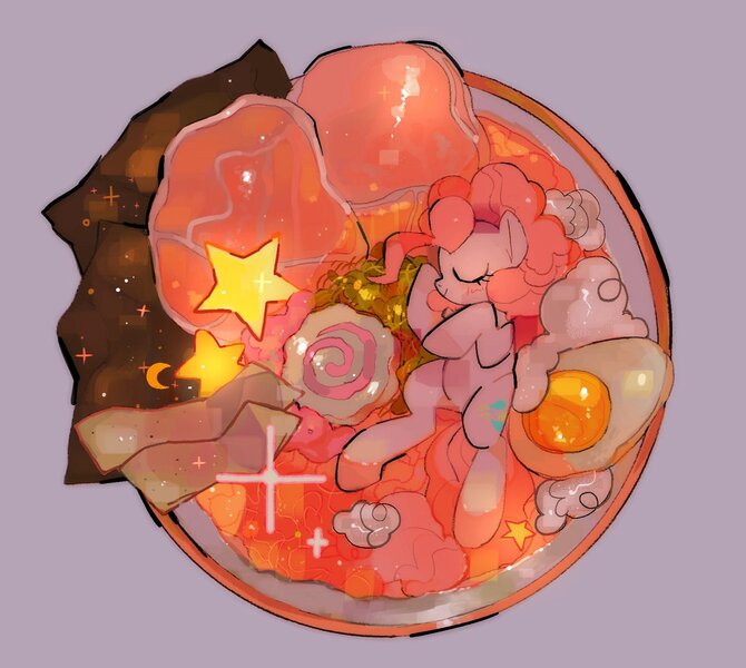 Size: 1200x1074 | Tagged: safe, artist:poneko-chan, derpibooru import, pinkie pie, earth pony, pony, bowl, cute, diapinkes, egg (food), eyes closed, female, food, gray background, image, jpeg, mare, meat, narutomaki, noodles, ponies in food, profile, ramen, simple background, sleeping, solo, stars