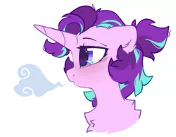 Size: 747x580 | Tagged: safe, artist:mirtash, derpibooru import, starlight glimmer, pony, unicorn, alternate hairstyle, bust, chest fluff, ear fluff, fluffy, image, png, portrait, profile, solo, visible breath