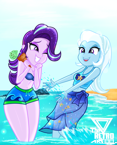 Size: 1500x1852 | Tagged: safe, artist:theretroart88, derpibooru import, starlight glimmer, trixie, equestria girls, beach, belly button, board shorts, clothes, confident, duo, duo female, female, food, happy, ice cream, image, one eye closed, outdoors, png, rock, sand, sarong, shiny skin, shorts, sleeveless, smiling, splashing, swimsuit, water, watermark