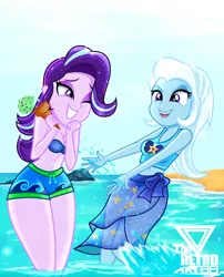 Size: 1500x1852 | Tagged: safe, artist:theretroart88, derpibooru import, starlight glimmer, trixie, equestria girls, beach, belly button, board shorts, clothes, confident, duo, duo female, female, food, happy, ice cream, image, one eye closed, outdoors, png, rock, sand, sarong, shiny skin, shorts, sleeveless, smiling, splashing, swimsuit, water, watermark