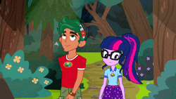 Size: 800x450 | Tagged: safe, derpibooru import, screencap, sci-twi, timber spruce, twilight sparkle, equestria girls, legend of everfree, animated, camp everfree outfits, female, forest, gif, hip sway, image, male, shipping, straight, talking, timbertwi, tree, walking
