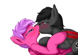 Size: 1300x919 | Tagged: suggestive, artist:dratze, derpibooru import, oc, oc:qetesh, oc:violet moonlight, unofficial characters only, bat pony, pegasus, blushing, french kiss, image, kissing, png