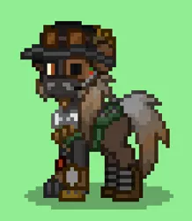 Size: 301x345 | Tagged: safe, derpibooru import, oc, oc:copper cotton, earth pony, pony, ashes town, augmentation, earth pony oc, goggles, green background, hat, image, png, simple background, solo, steampunk