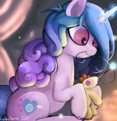 Size: 1712x1768 | Tagged: safe, artist:colochenni, derpibooru import, izzy moonbow, pony, unicorn, doll, g5, image, jpeg, magic, needle, plushie, telekinesis, toy