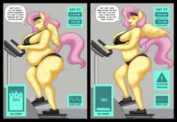 Size: 6500x4500 | Tagged: suggestive, artist:lordstormcaller, derpibooru import, fluttershy, anthro, plantigrade anthro, absurd resolution, belly, big belly, big breasts, breasts, busty fluttershy, butt, confident, exercise, eyes closed, fat, fattershy, female, flutterbold, flutterbutt, image, jpeg, literal, open mouth, solo, sweat, thighs, weight loss