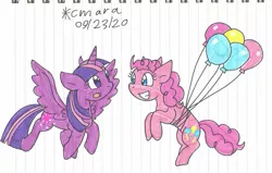 Size: 1775x1131 | Tagged: safe, artist:cmara, derpibooru import, pinkie pie, twilight sparkle, twilight sparkle (alicorn), alicorn, earth pony, pony, balloon, duo, female, floating, flying, grin, image, jpeg, mare, open mouth, pinkie being pinkie, raised hoof, raised leg, simple background, smiling, then watch her balloons lift her up to the sky, traditional art, white background