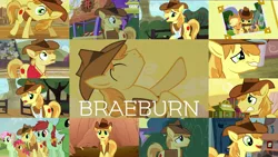 Size: 1974x1111 | Tagged: safe, derpibooru import, edit, edited screencap, editor:quoterific, screencap, applejack, babs seed, braeburn, candy apples, cherry berry, florina tart, goldengrape, jonagold, lucky clover, marmalade jalapeno popette, sir colton vines iii, wensley, earth pony, pony, apple family reunion, appleoosa's most wanted, buckball season, over a barrel, the summer sun setback, apple family member, applejack's hat, braeburn's hat, broken hoof, cowboy hat, eyes closed, female, gritted teeth, hat, image, male, mouth hold, open mouth, png, solo, teeth, wavy mouth