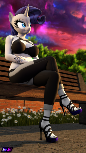 Size: 2160x3840 | Tagged: safe, artist:shadowboltsfm, derpibooru import, rarity, anthro, plantigrade anthro, unicorn, 3d, 4k, bench, black nail polish, breasts, cleavage, clothes, crossed arms, crossed legs, eyelashes, feet, high heels, image, midriff, nail polish, open-toed shoes, png, shoes, sitting, smiling, solo, source filmmaker, sunset, toenail polish, toes