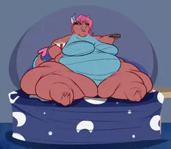 Size: 1280x1112 | Tagged: suggestive, artist:astr0zone, derpibooru import, mina, anthro, dragon, bed, belly, big belly, big mina, bingo wings, breasts, butt, dragoness, fat, fat boobs, fat legs, female, huge belly, huge butt, image, immobile, impossibly large belly, impossibly large butt, jpeg, large belly, large butt, lizard breasts, morbidly obese, obese, on bed, remote, sitting, solo