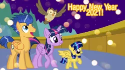 Size: 1280x720 | Tagged: safe, artist:mlplary6, derpibooru import, flash sentry, owlowiscious, twilight sparkle, twilight sparkle (alicorn), oc, oc:star sparkle, alicorn, bird, owl, pegasus, pony, family, female, happy new year 2021, image, male, offspring, parent:flash sentry, parent:twilight sparkle, parents:flashlight, png, shipping, straight