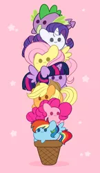 Size: 2373x4096 | Tagged: safe, artist:kittyrosie, derpibooru import, applejack, fluttershy, pinkie pie, rainbow dash, rarity, spike, twilight sparkle, twilight sparkle (alicorn), alicorn, pony, :3, blushing, chibi, cute, dashabetes, diapinkes, digital art, female, food, ice cream, ice cream cone, image, jackabetes, jpeg, mane seven, mane six, pink background, pony pile, raribetes, shyabetes, simple background, spikabetes, stars, tower of pony, twiabetes