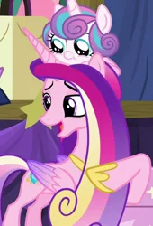 Size: 848x1249 | Tagged: safe, derpibooru import, screencap, princess cadance, princess flurry heart, twilight sparkle, alicorn, pony, road to friendship, baby, baby pony, cropped, duo focus, female, image, mare, mother and child, mother and daughter, png, pony hat, stage