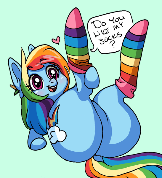 Size: 1872x2054 | Tagged: suggestive, artist:ameliacostanza, derpibooru import, rainbow dash, pony, butt, clothes, dock, female, floating heart, heart, image, large butt, looking at you, lying down, on back, open mouth, plot, png, rainbow socks, rainbutt dash, smiling, socks, solo, solo female, striped socks