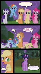 Size: 1280x2300 | Tagged: safe, artist:bigsnusnu, derpibooru import, applejack, fluttershy, pinkie pie, rainbow dash, rarity, twilight sparkle, earth pony, pegasus, unicorn, comic:dusk shine in pursuit of happiness, drowsy, dusk shine, everfree forest, image, music notes, png, road, rule 63, sleep spell, sleeping, tree, worried