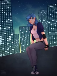 Size: 1258x1671 | Tagged: safe, artist:alicetriestodraw, derpibooru import, princess luna, human, belly, belly button, choker, city, cityscape, clothes, converse, female, gloves, humanized, image, jewelry, loose hair, necklace, night, night city, pants, png, shoes, sitting, skyscrapers, solo, stars