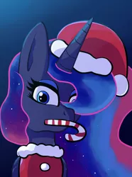 Size: 953x1280 | Tagged: safe, artist:superhypersonic2000, derpibooru import, princess luna, alicorn, pony, candy, candy cane, christmas, clothes, costume, digital art, female, food, hat, holiday, horn, image, jpeg, looking at you, mare, mouth hold, santa costume, santa hat, solo