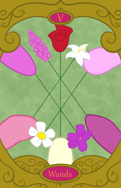 Size: 900x1400 | Tagged: safe, artist:sixes&sevens, derpibooru import, daisy, flower wishes, lily, lily valley, roseluck, oc, oc:hyacinth bouquet, oc:violet potts, daisy (flower), five of wands, flower, hooves, hyacinth, image, png, rose, tarot card, violet (flower)