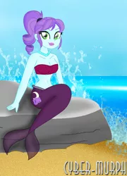 Size: 1288x1788 | Tagged: safe, artist:cyber-murph, derpibooru import, crystal lullaby, mermaid, equestria girls, friendship games, background human, belly, belly button, bra, clothes, crystal prep shadowbolts, cute, image, midriff, png, ponytail, rock, scales, sitting, tubetop, underwear