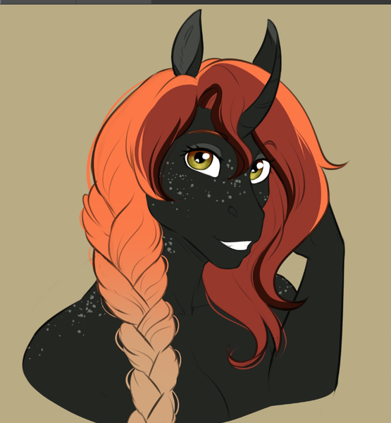 Size: 778x841 | Tagged: safe, artist:askbubblelee, derpibooru import, oc, oc:bubble lee, unofficial characters only, anthro, pony, unicorn, anthro oc, curved horn, digital art, female, freckles, grin, horn, image, inverted colors, mare, png, simple background, smiling, solo, unicorn oc