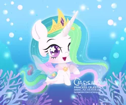Size: 1866x1563 | Tagged: safe, artist:catseyeart, derpibooru import, princess celestia, alicorn, pony, seapony (g4), blushing, bubble, chibi, clothes, crown, dorsal fin, female, fin wings, fish tail, flowing mane, flowing tail, horn, image, jewelry, jpeg, logo, looking at you, necklace, ocean, open mouth, purple eyes, regalia, seaponified, seapony celestia, see-through, smiling, solo, sparkles, species swap, tail, underwater, water, wings