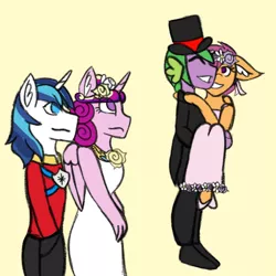 Size: 800x800 | Tagged: safe, artist:mintymelody, derpibooru import, princess cadance, scootaloo, shining armor, spike, anthro, a canterlot wedding, clothes, dress, female, flower filly, flower girl, flower girl dress, image, male, marriage, png, request, scootaspike, shiningcadance, shipping, straight, wedding, wedding dress