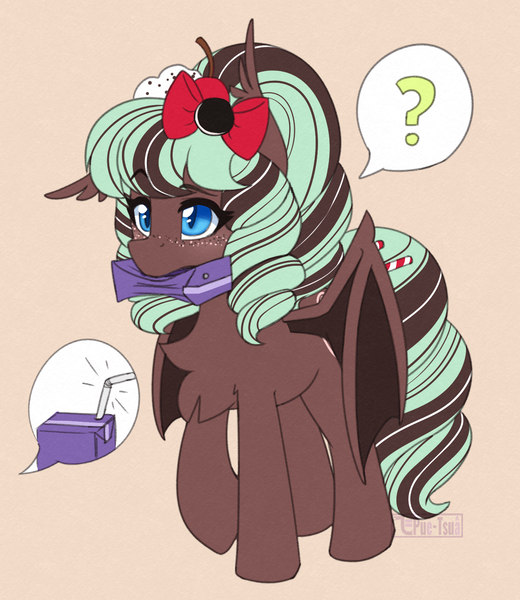 Size: 1241x1433 | Tagged: safe, artist:puetsua, derpibooru import, oc, oc:shamrock biscuit, bat pony, pony, bow, chest fluff, colored pupils, confused, cute, ear tufts, female, floppy ears, freckles, hair bow, image, juice, juice box, mare, mouth hold, nom, ocbetes, offscreen character, pictogram, png, question mark, simple background, solo, speech bubble, spread wings, straw, tan background, wings