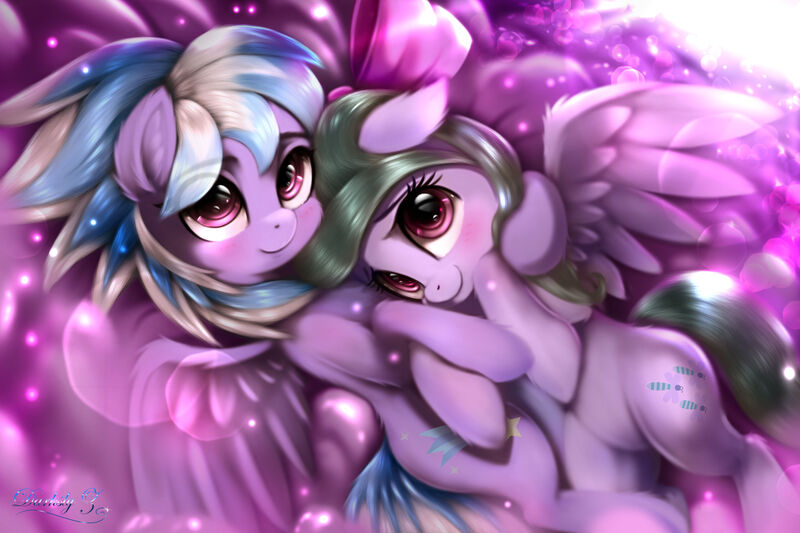 Size: 3150x2100 | Tagged: safe, artist:darksly, derpibooru import, cloudchaser, flitter, pegasus, pony, big eyes, cloud, cute, eye clipping through hair, female, hug, image, jpeg, looking at you, mare, siblings, sisters, wings