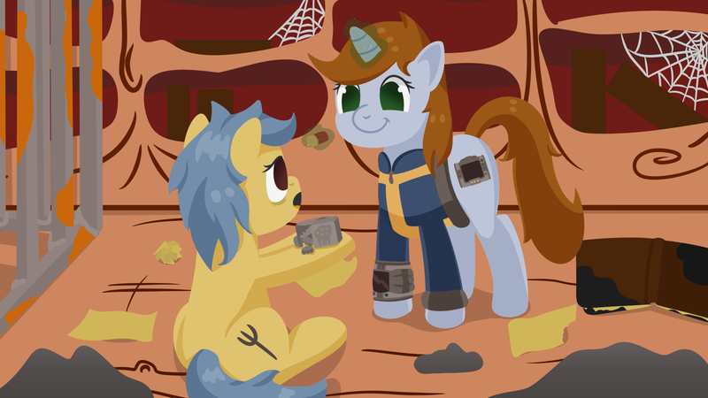Size: 1920x1080 | Tagged: safe, artist:toshimatsu, derpibooru import, oc, oc:littlepip, unofficial characters only, earth pony, pony, unicorn, fallout equestria, fanfic, ash, book, cage, caps, clothes, derpibooru exclusive, fanfic art, female, glowing horn, golden oaks library, hooves, horn, image, levitation, library, magic, magic aura, mare, pipbuck, png, ponyville, raised hoof, raised hooves, rust, smiling, spider web, standing, telekinesis, vault suit