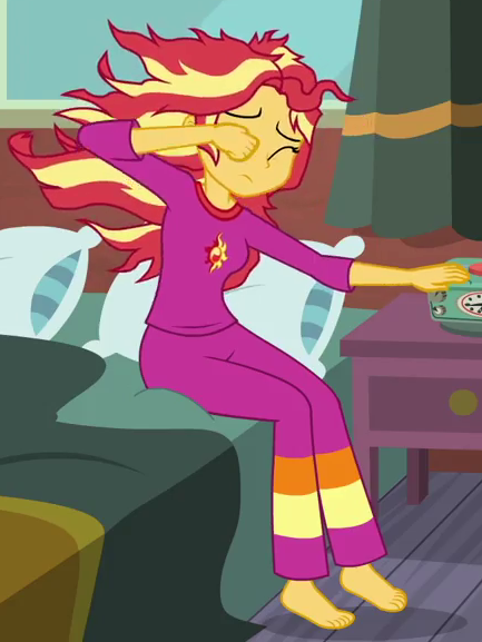 Size: 433x577 | Tagged: safe, derpibooru import, screencap, sunset shimmer, eqg summertime shorts, equestria girls, monday blues, barefoot, clothes, cropped, feet, image, pajamas, png, solo