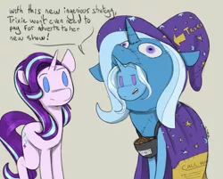 Size: 1075x866 | Tagged: safe, artist:sinrar, derpibooru import, starlight glimmer, trixie, pony, unicorn, cape, clothes, costume, duo, female, hat, image, mare, png, pony costume, third person, trixie's cape, trixie's hat